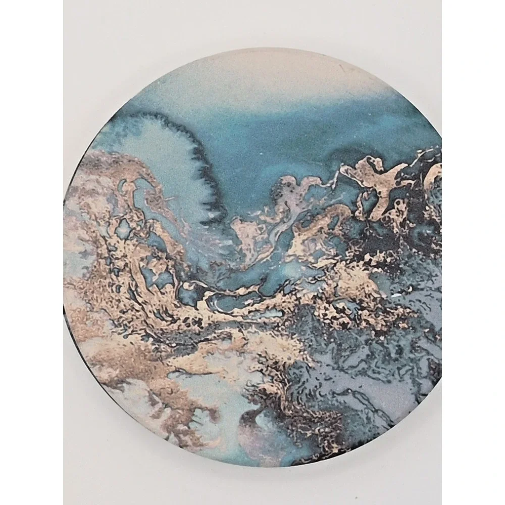 Set of 4 Abstract Coastal Marble Pattern Coasters Teal Blue Gold Cork Backing